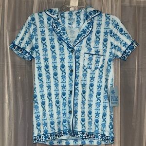Blue Pink Palm Puff Pajama Top